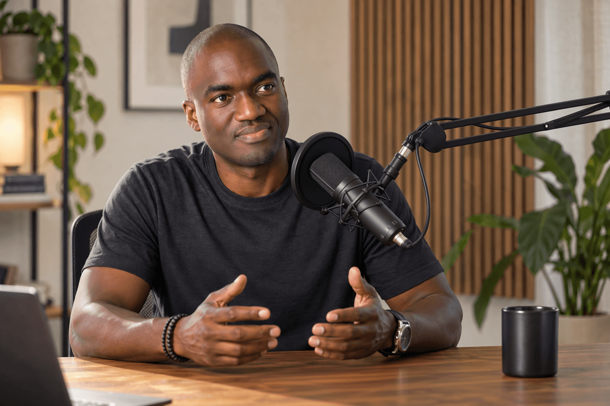 Portrait of Tunde Cole seated beside a podcast microphone