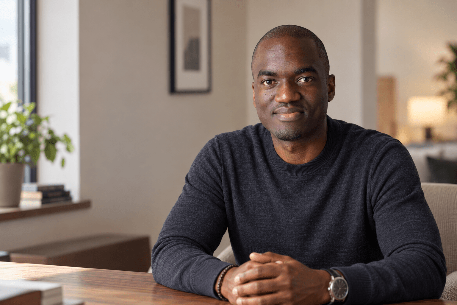 Tunde Cole smiling, seated at a table